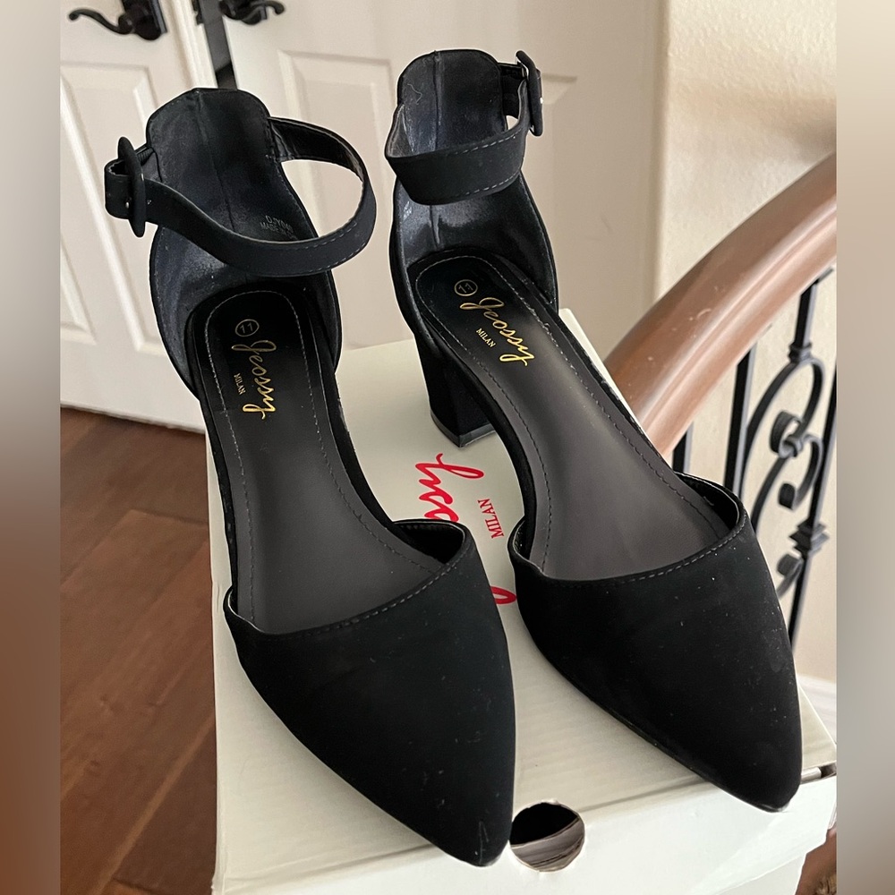 Joessy Woman’s black point toes suede black heeled open toed shoes. Size 11.